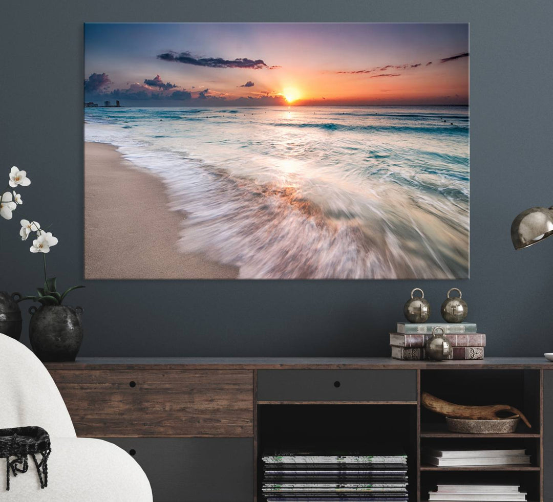 The Sunset Beach Wall Art adds tranquility to the living room.