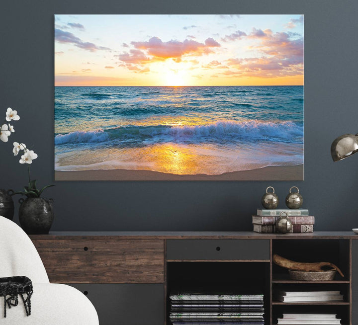 The Golden Sunset Over Ocean Waves painting depicts a vibrant sky.