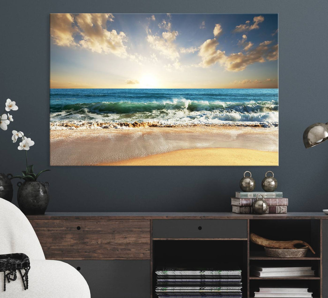 A Golden Sunset Beach triptych adorns the wall.