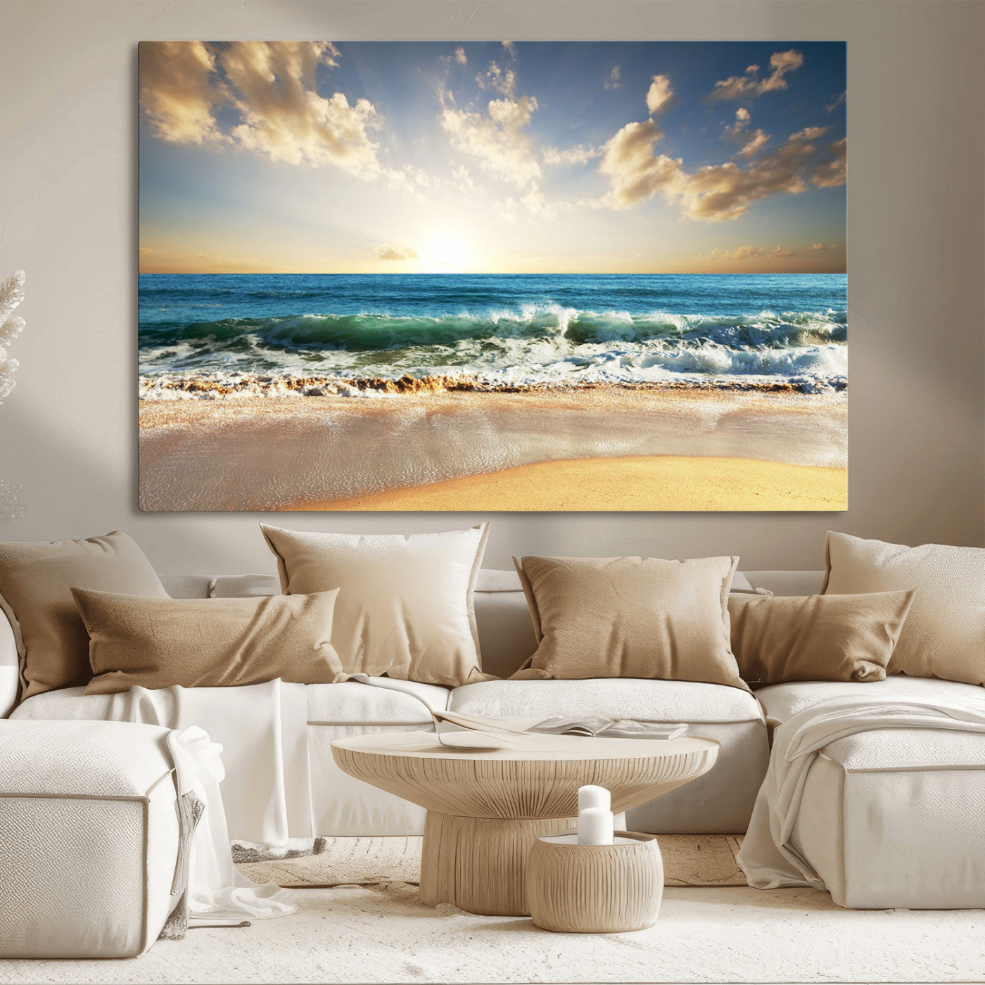 MGV-CV-36X24 - Golden Sunset Beach Triptych Canvas Wall Art for Living Room – 3-Panel Ocean View, Framed & Ready to