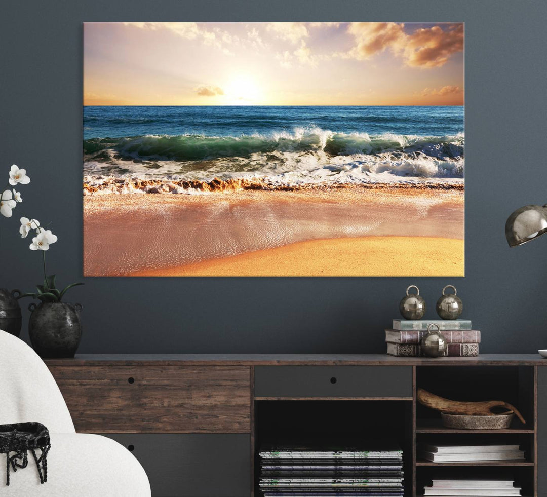 A Sunset Beach Wall Art hangs on the wall.