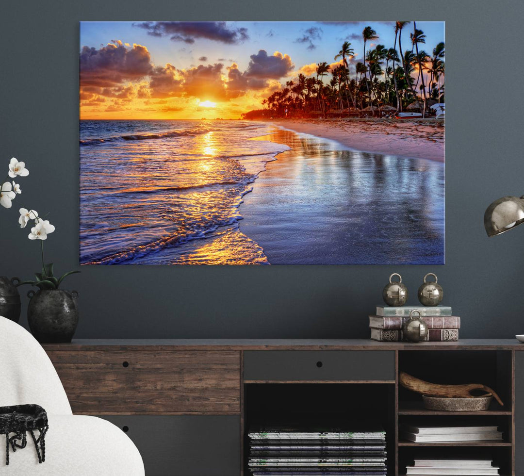 Serene Beach Sunset Wall Art Canvas featuring ocean waves hangs prominently.