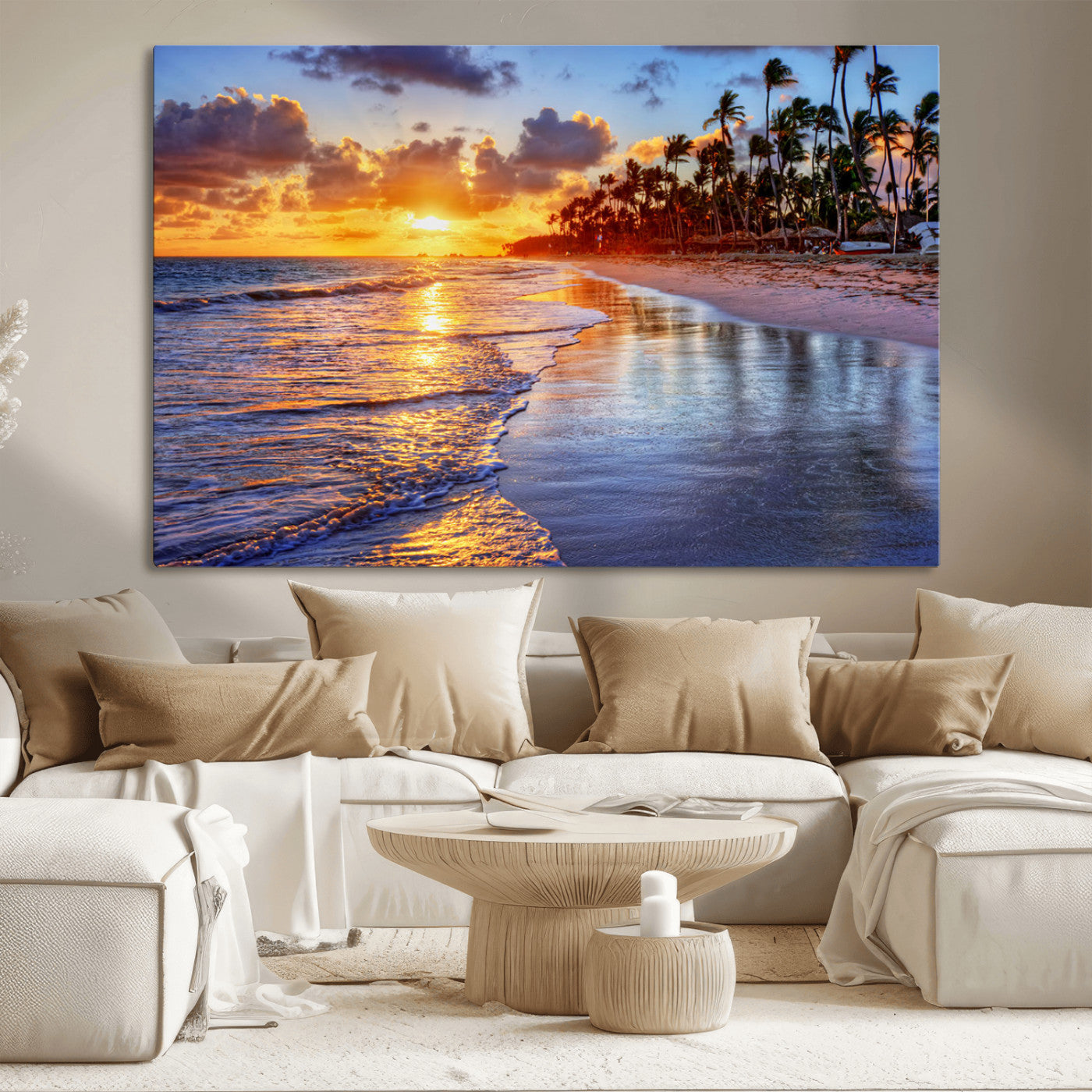 MGV-CV-36X24 - Serene Beach Sunset Wall Art Canvas- Coastal Seascape Print for Living Room or Bedroom, Ocean Waves
