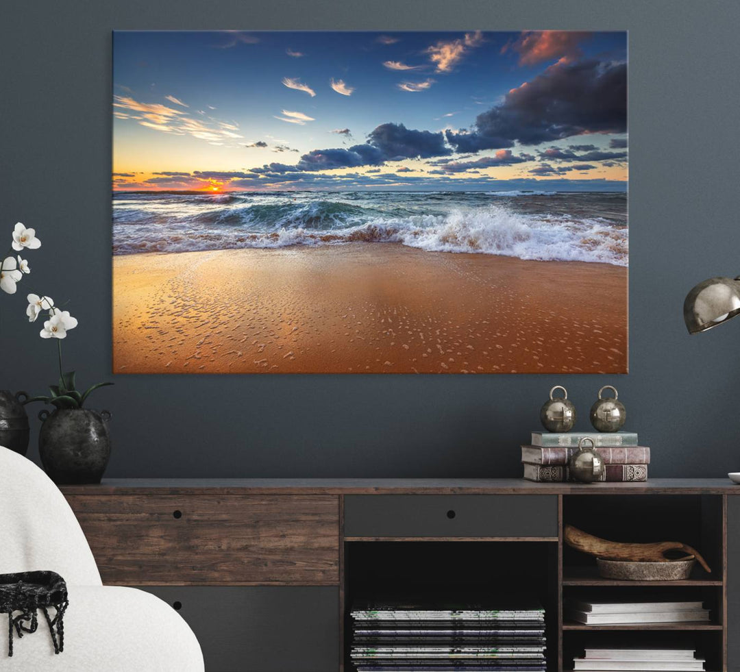 A Beach Canvas Wall Art depicting ocean waves and a tranquil sunset hangs above, capturing the serene beauty of coastal scenery.