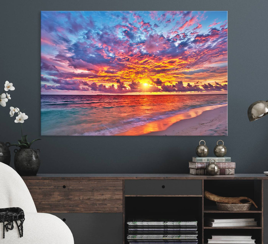 The Vibrant Sunset Beach Wall Art hangs prominently on the wall.