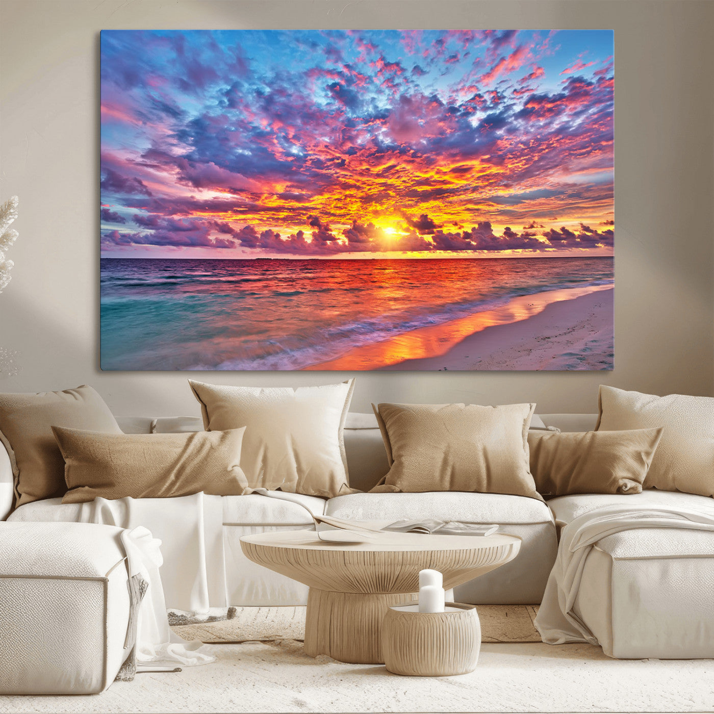 MGV-CV-36X24 - Vibrant Sunset Beach Wall Art - Ocean Sunset Canvas Print | Coastal Wall Art Decor Stunning Sunset