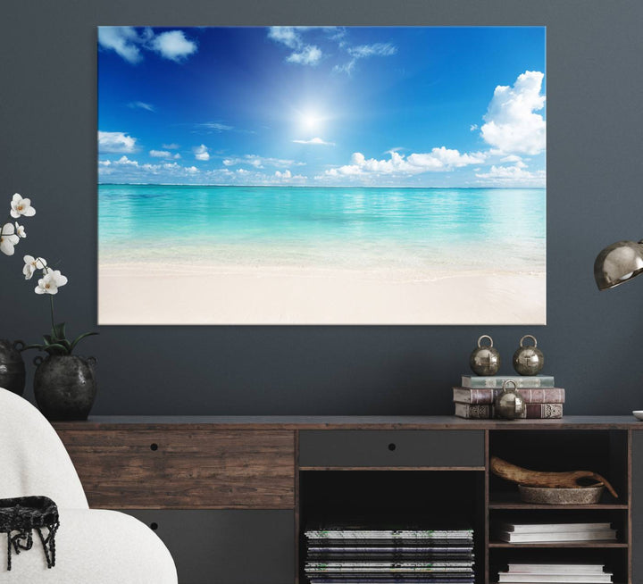 The Blue Ocean Wall Art Canvas Print hangs, creating a tranquil paradise.