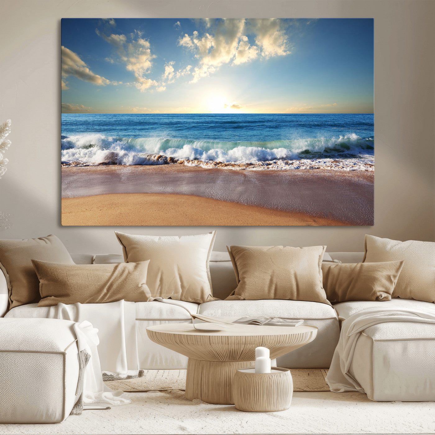 MGV-CV-36X24 - Serene Ocean Sunset Canvas Wall Art - Beach Waves at Sunset, Ready to Hang