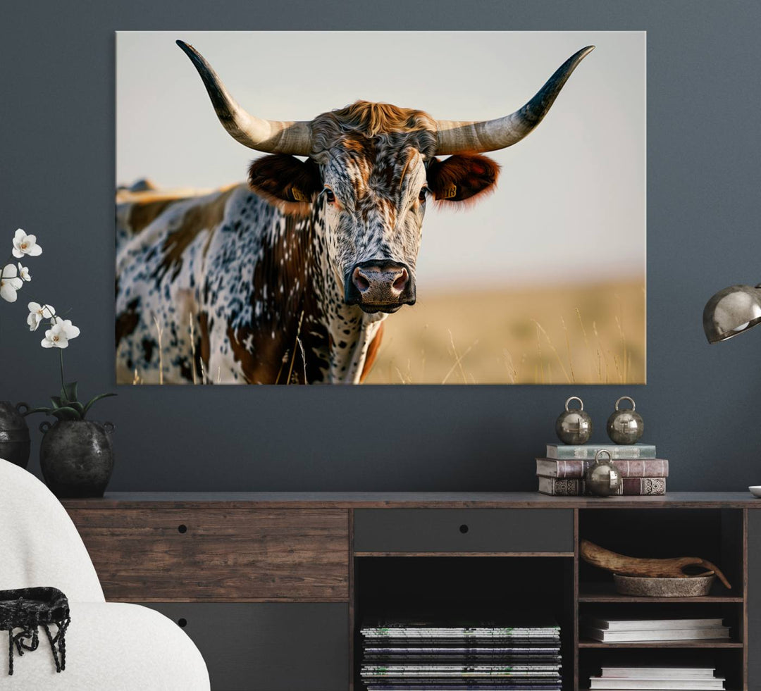 The Texas Bull Longhorn Wall Art Canvas Print is perfect for farmhouse decor.