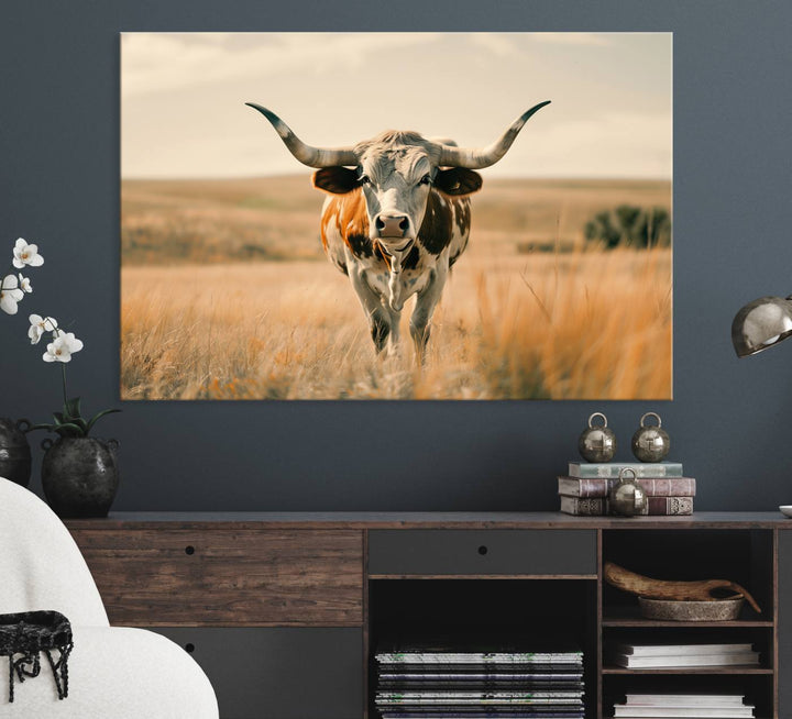 The Texas Cow Longhorn Wall Art Canvas adds rustic charm to the decor.