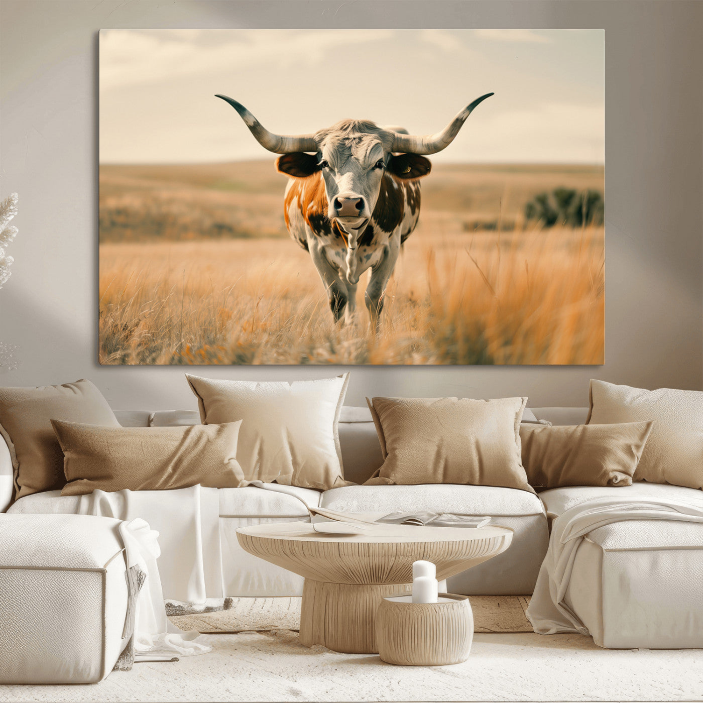 MGV-CV-36X24 - Texas Cow Wall Art Canvas Print for Farm House Wall Decor, Farmhouse Wall Art Print