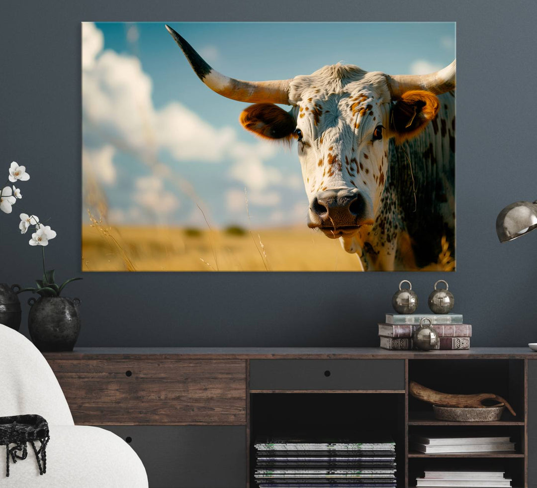 The Longhorn in the Prairie triptych cowboy wall art is ideal for western decor.