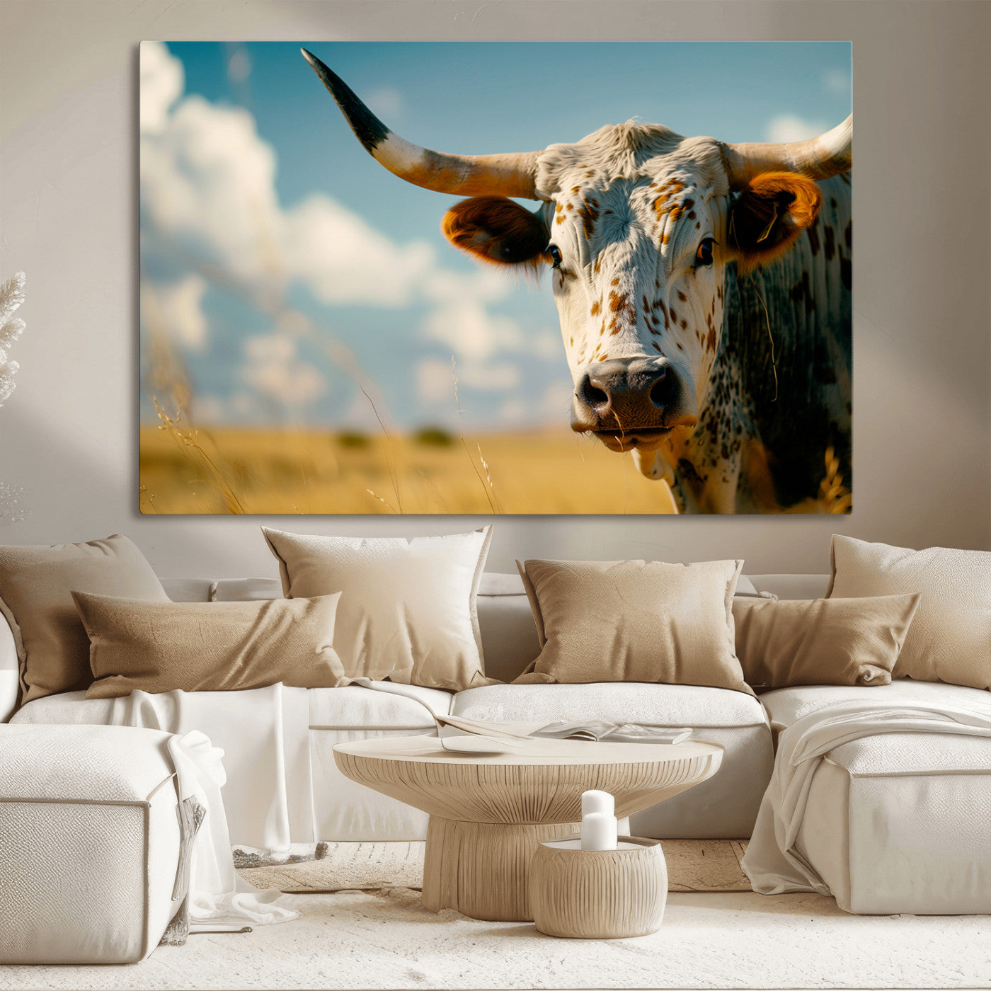 MGV-CV-36X24 - Longhorn in the Prairie - Stunning Ranch-Style Triptych Wall Art for Western Home Decor, Cowboy Wall