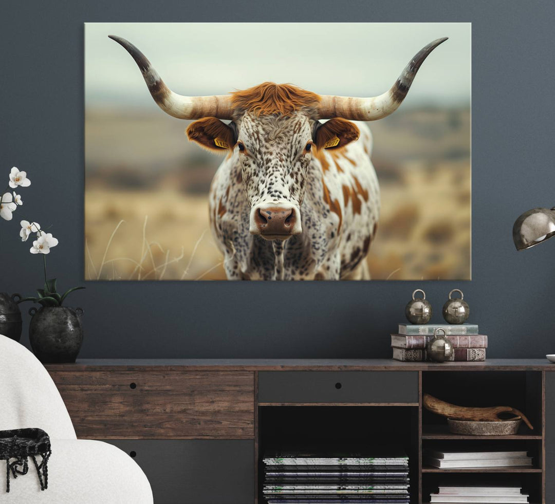 The Texas Cow Longhorn Canvas Print hangs, adding Western elegance.