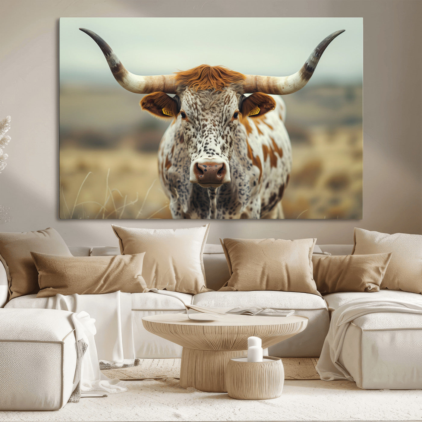 MGV-CV-36X24 - Texas Cow Longhorn Wall Art Canvas Print for Farm House Wall Decor, Farmhouse Wall Art Print