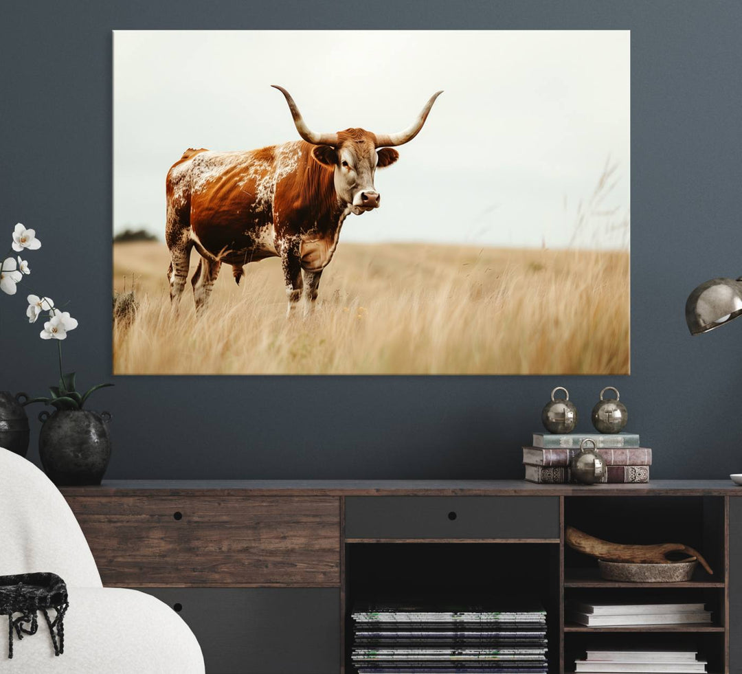 The Texas Longhorn canvas wall art print enhances a rustic farmhouse decor setting.