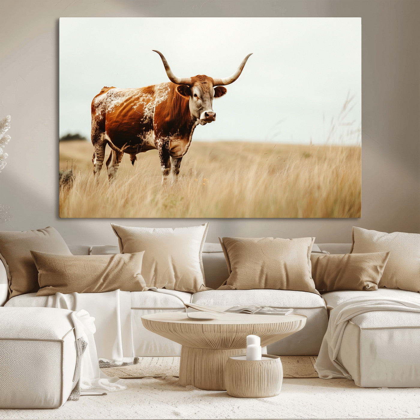 MGV-CV-36X24 - Texas Longhorn Canvas Wall Art Print – Majestic Western Cattle in Rustic Farmhouse Decor – Cow Wall