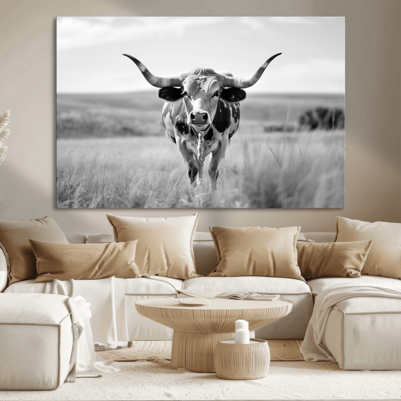 MGV-CV-36X24 - Texas Cow Longhorn Wall Art Canvas Print for Farm House Wall Decor, Farmhouse Wall Art Print