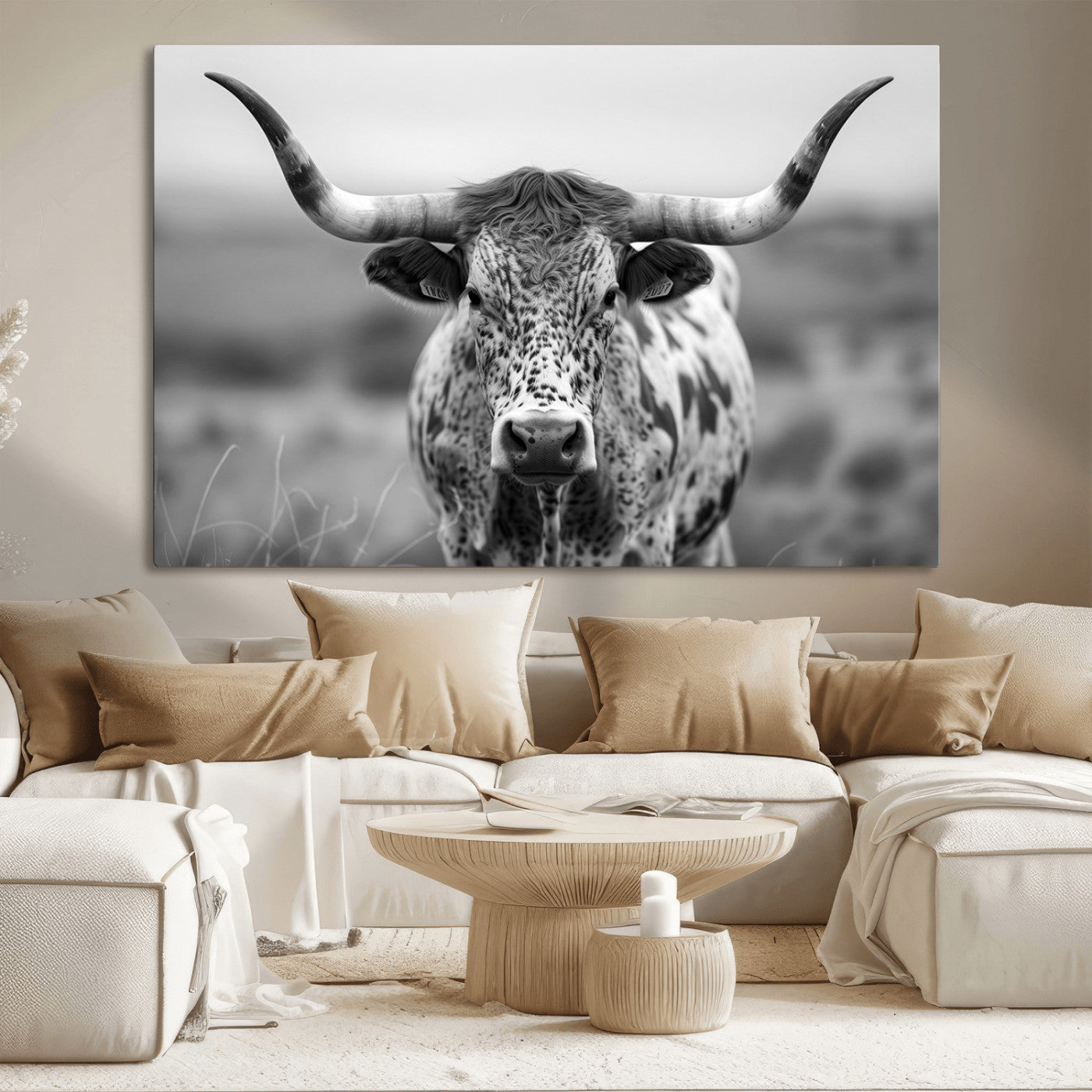 MGV-CV-36X24 - Texas Cow Longhorn Wall Art Canvas Print for Farm House Wall Decor, Farmhouse Wall Art Print