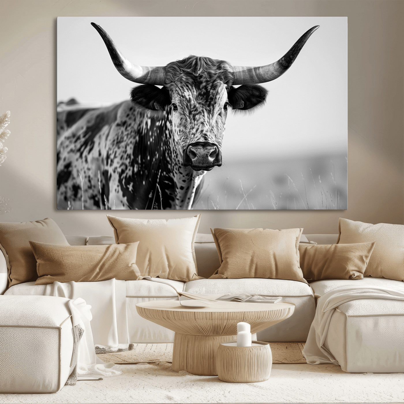 MGV-CV-36X24 - Texas Highland Cow Longhorn Canvas Print - Rustic Farmhouse Wall Art - Large Texas Longhorn