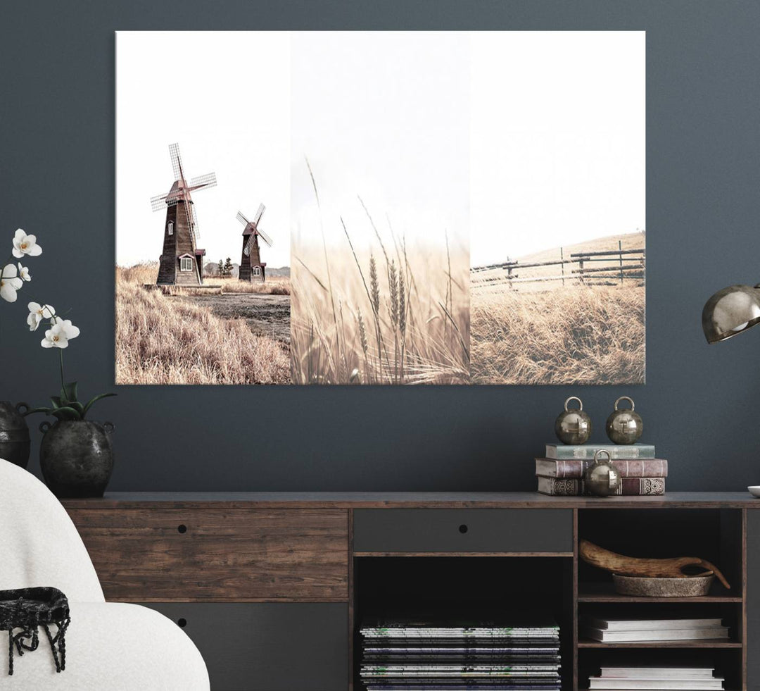 Farmhouse wall art set: 3 giclee canvas prints featuring windmills and wheat fields.