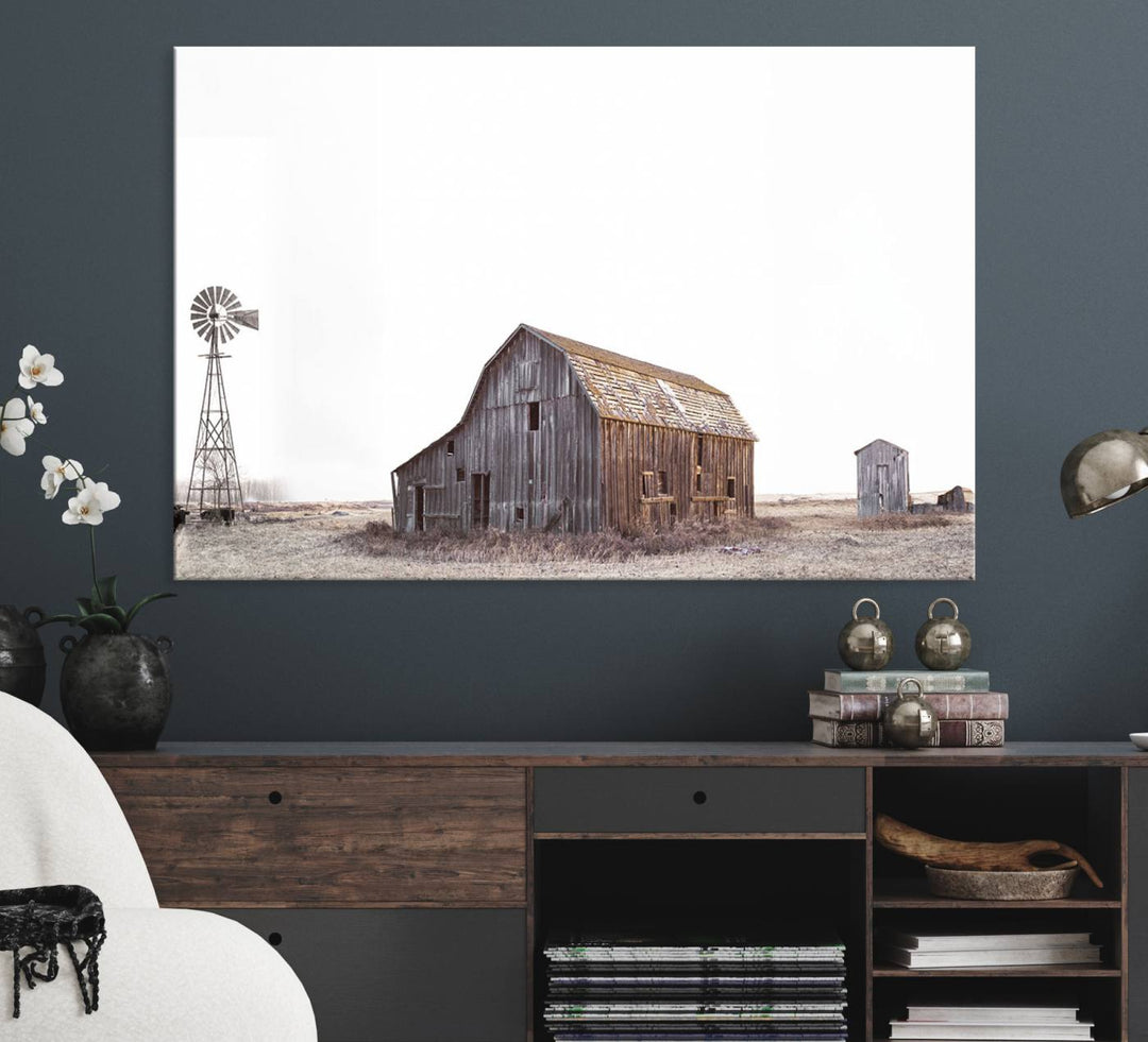 The Set of 3 Rustic Farmhouse Wall Art Prints features a barn, wheat field, and landscape.