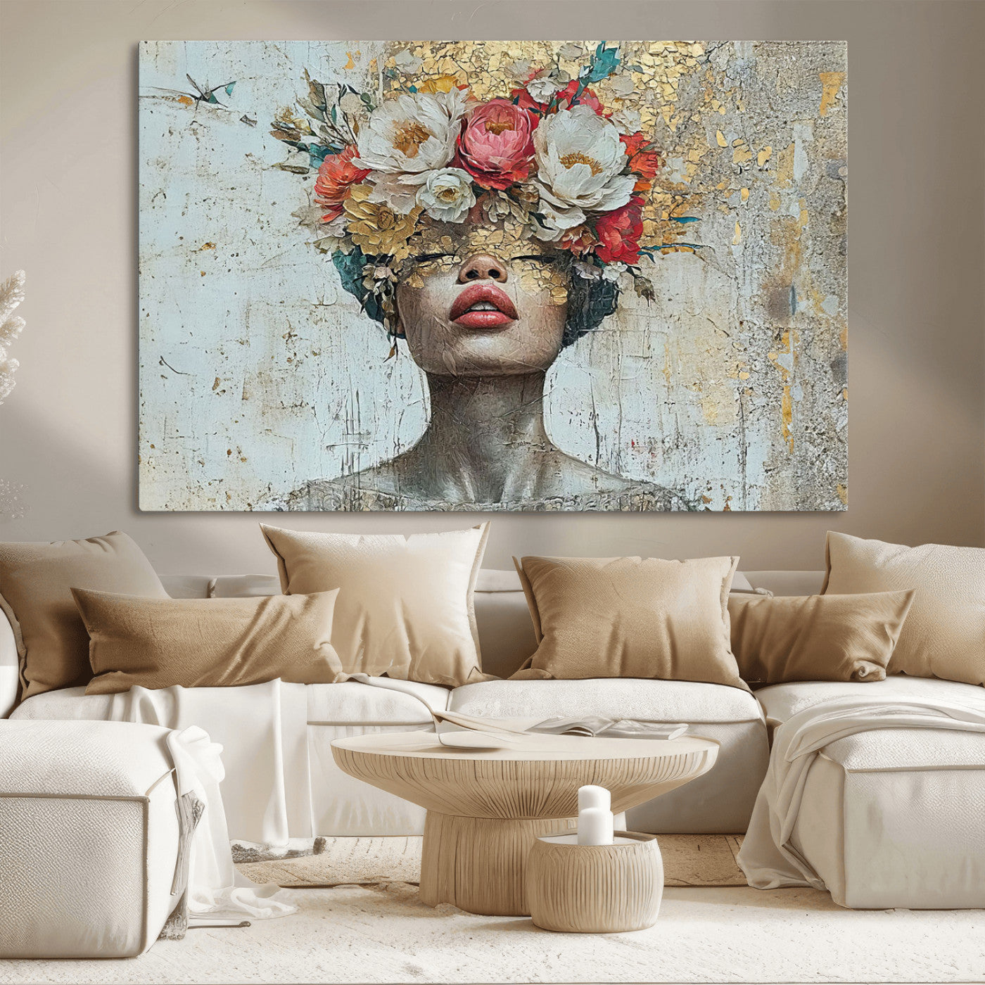 MGV-CV-36X24 - Golden Petal Wall Art Canvas Print - Silhouette Woman Wall Art Canvas Print, Floral Woman Portrait