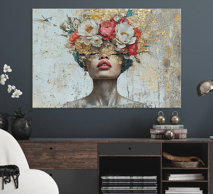 Golden Petal Canvas Print of a silhouette woman with a floral head creates a captivating focal point in the space.