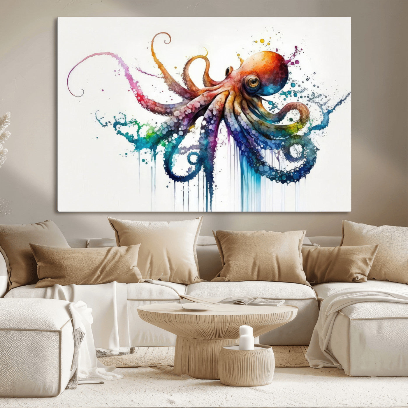 MGV-CV-36X24 - Watercolor Vibrant Octopus Wall Art Canvas Print | Abstract Sea Life Art | Colorful Marine Creature