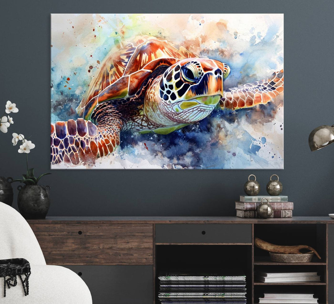 A Watercolor Sea Turtle Canvas Print with vibrant ocean colors adorns the wall.