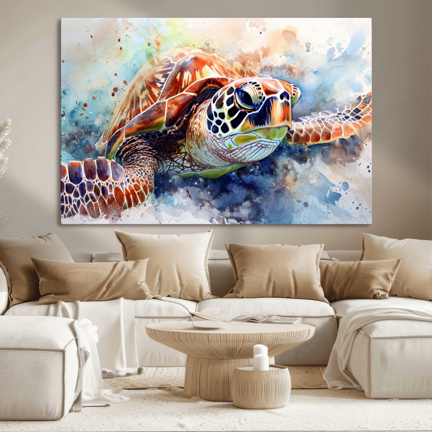 MGV-CV-36X24 - Watercolor Sea Turtle Wall Art Canvas Print - Vibrant Ocean Colors in Watercolor Style - Ready to
