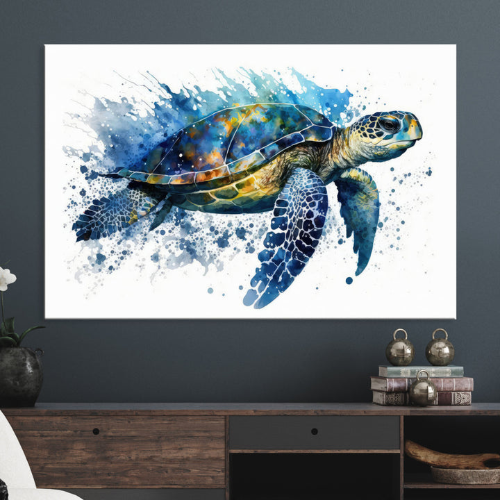 The Turtle Wall Art Print, featuring blue splashes, beautifully showcases Ocean Life.