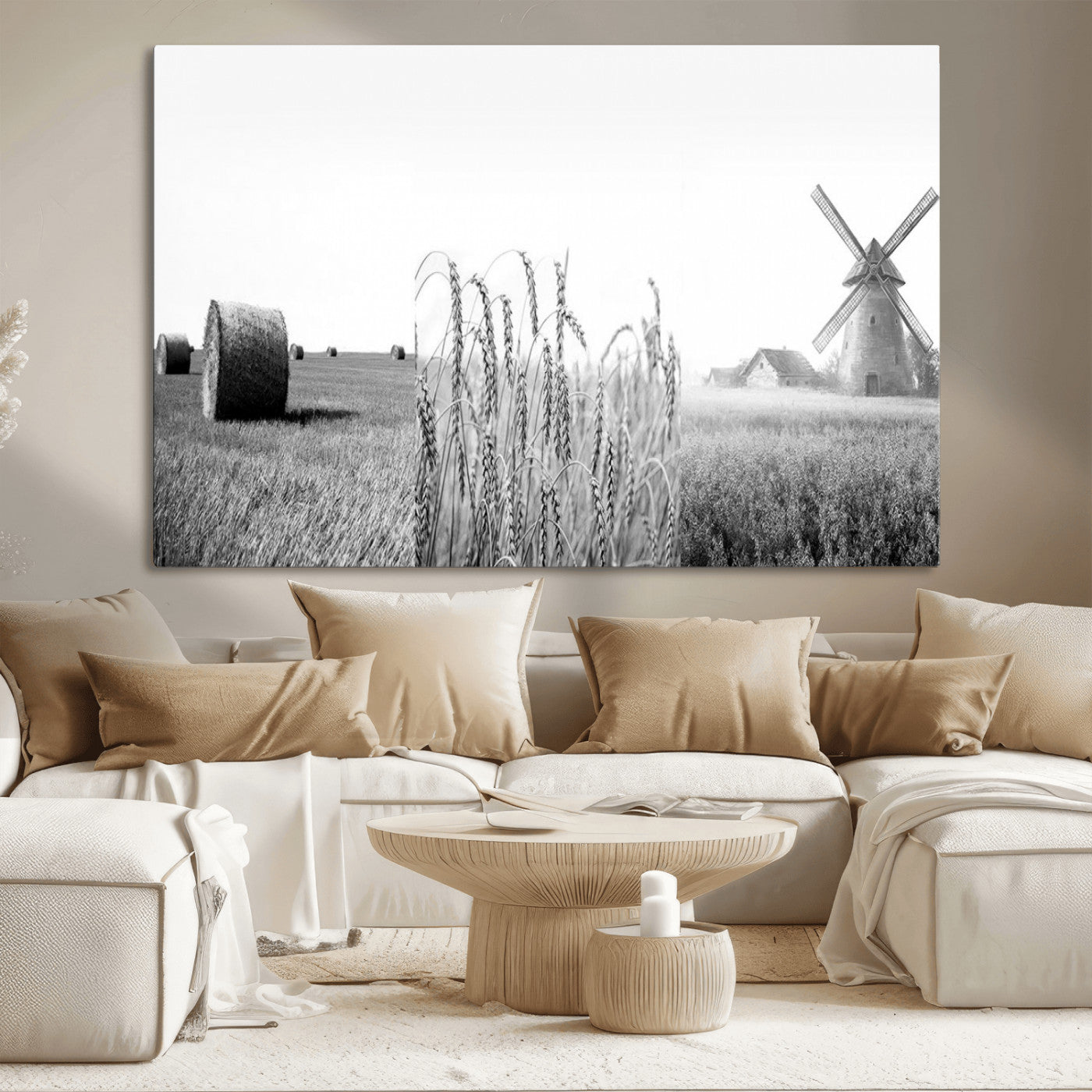 MGV-CV-36X24 - Vintage Farmhouse Black and White Triptych Wall Art – Giclee Canvas Featuring Wheat Fields, Hay