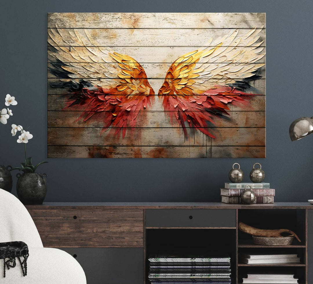 Abstract Angel Wings Canvas Art on a wooden backdrop.