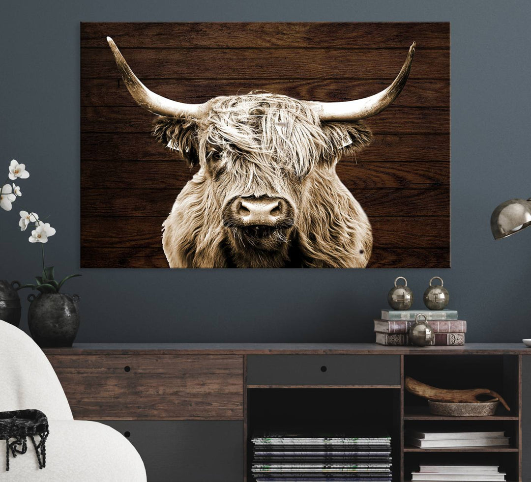 Highland Cow Wall Art Canvas Print: Majestic Scottish bull on rustic decor, ready to hang.