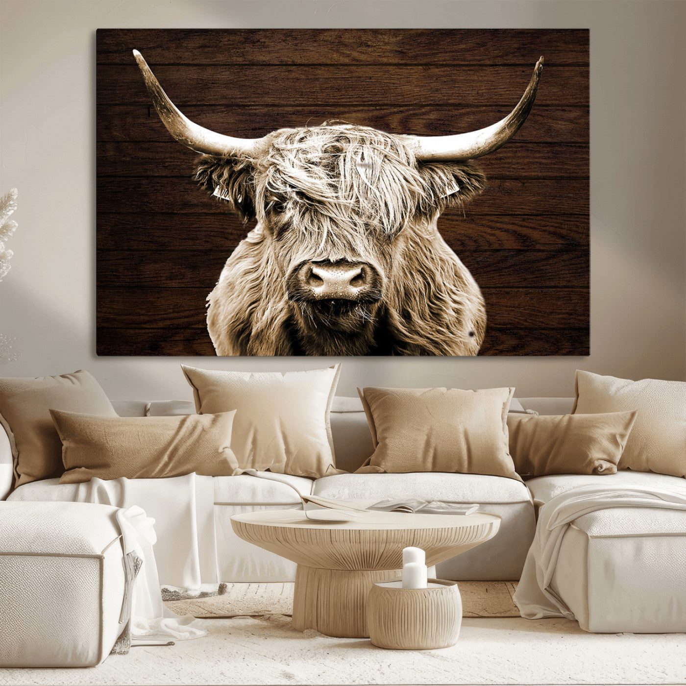 MGV-CV-36X24 - Highland Cow Wall Art Canvas Print, Rustic Farmhouse Decor, Majestic Scottish Highland Bull Portrait