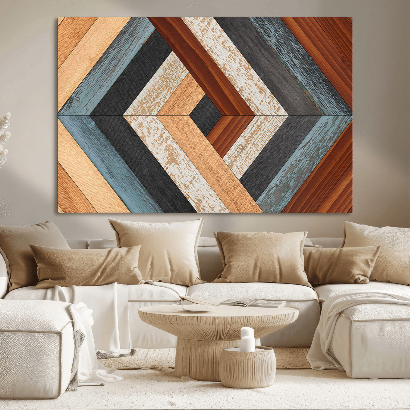 MGV-CV-36X24 - Geometric Wood Art Wall Decor Canvas Print, Rustic Wooden Pattern Triptych Wall Art for Living Room