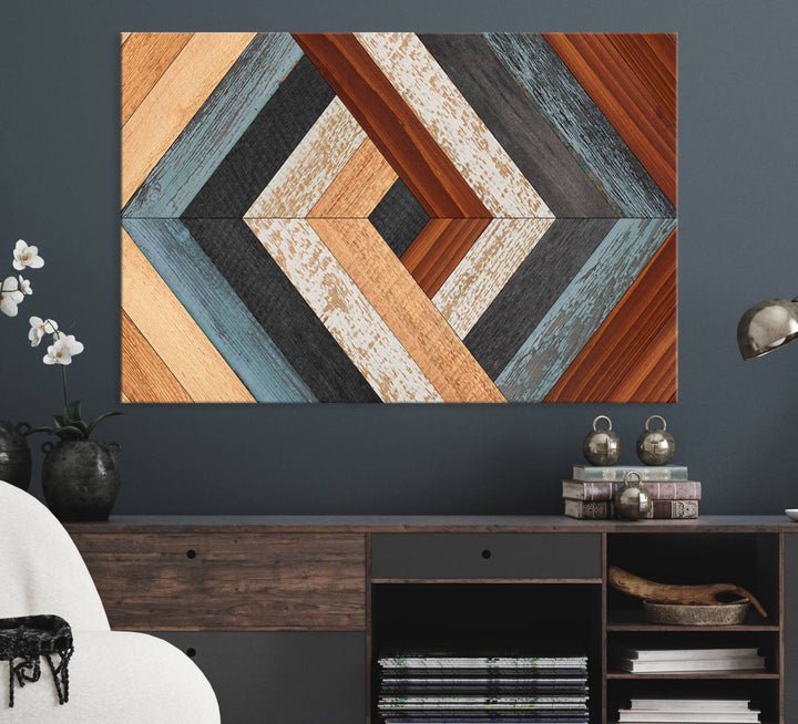 A Geometric Wood Art Wall Decor with a rustic pattern hangs prominently.