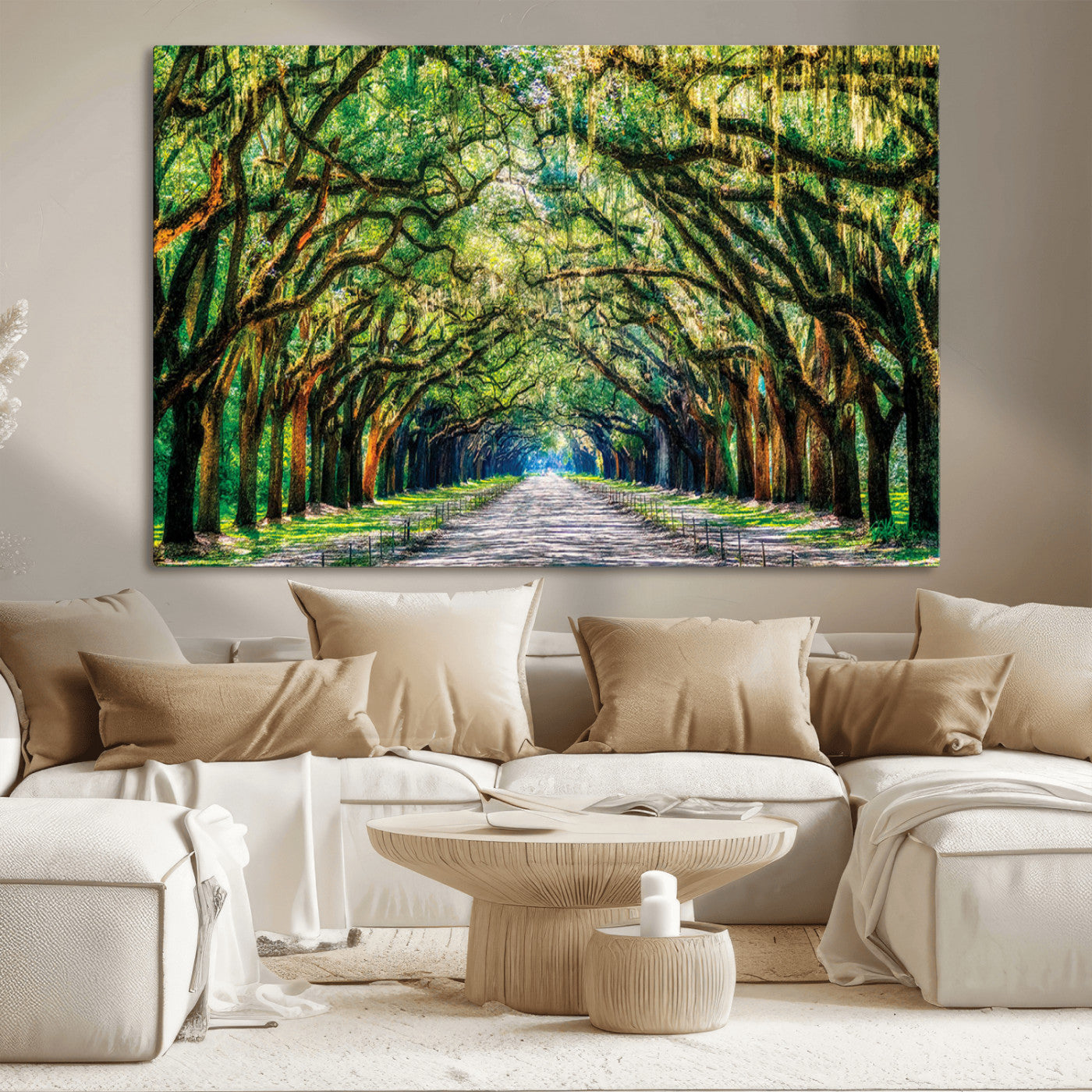 MGV-CV-36X24 - Serene Tree Tunnel Wall Art Canvas Print – Pathway Under Canopy of Lush Green Trees, Nature-Inspired