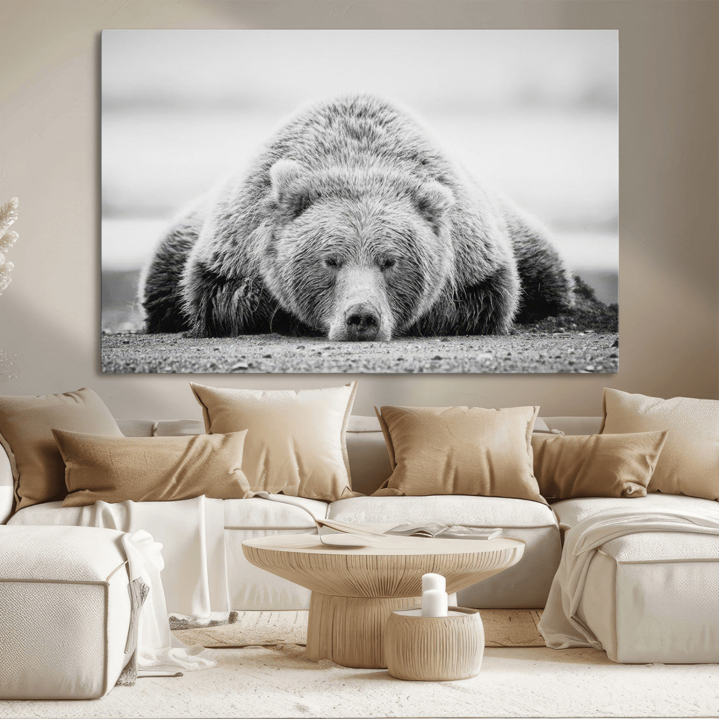 MGV-CV-36X24 - Resting Grizzly Bear Wall Art Canvas Print – Majestic Lazy Black and White Wildlife Bear Art,