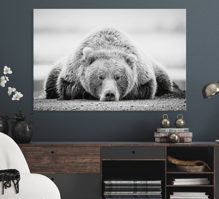 Resting Grizzly Bear wall art displayed in a modern room.