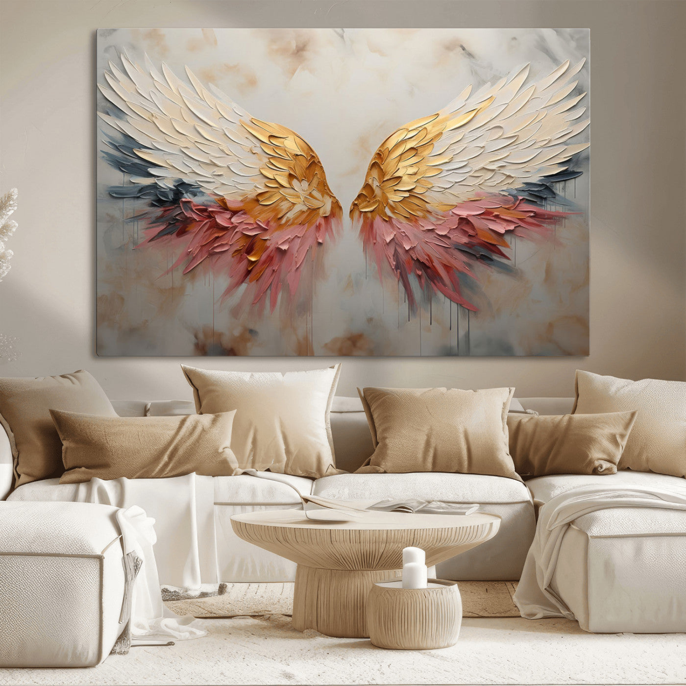 MGV-CV-36X24 - Golden Angel Wings Wall Art Canvas Print – Stunning Abstract Winged Art for Elegant Home Decor –