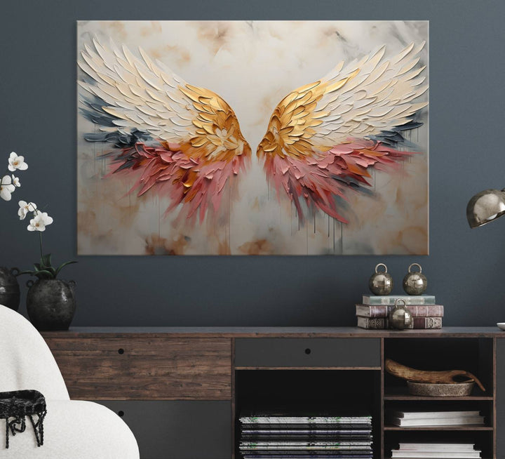 The Golden Angel Wings canvas print elegantly adorns the wall.