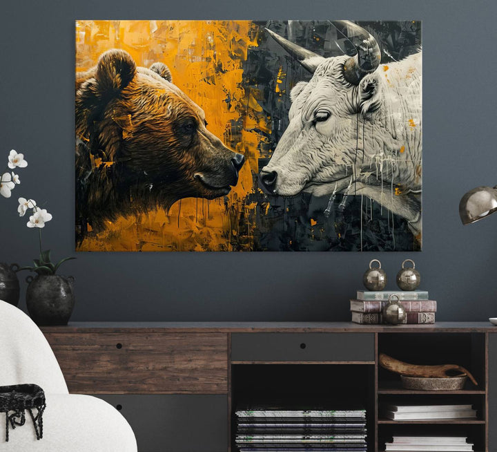 The Bear and Bull Wall Art Canvas Print adorns the wall.