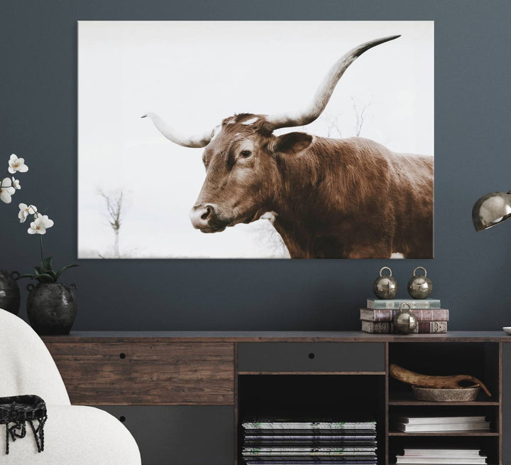 The Rustic Bull Wall Art Canvas decor hangs prominently on the wall.