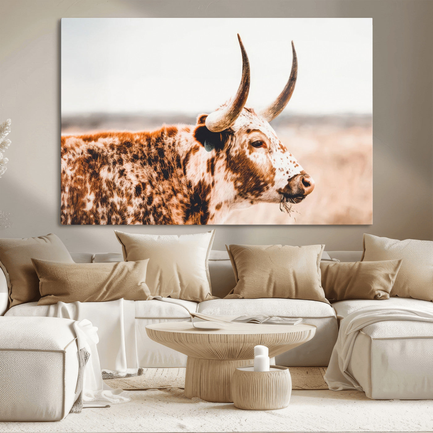 50356-MGV-CV-36X24-Speckled Bull Wall Art Canvas Print – Rustic Cow Longhorn Farmhouse Animal Decor – Western Longhorn