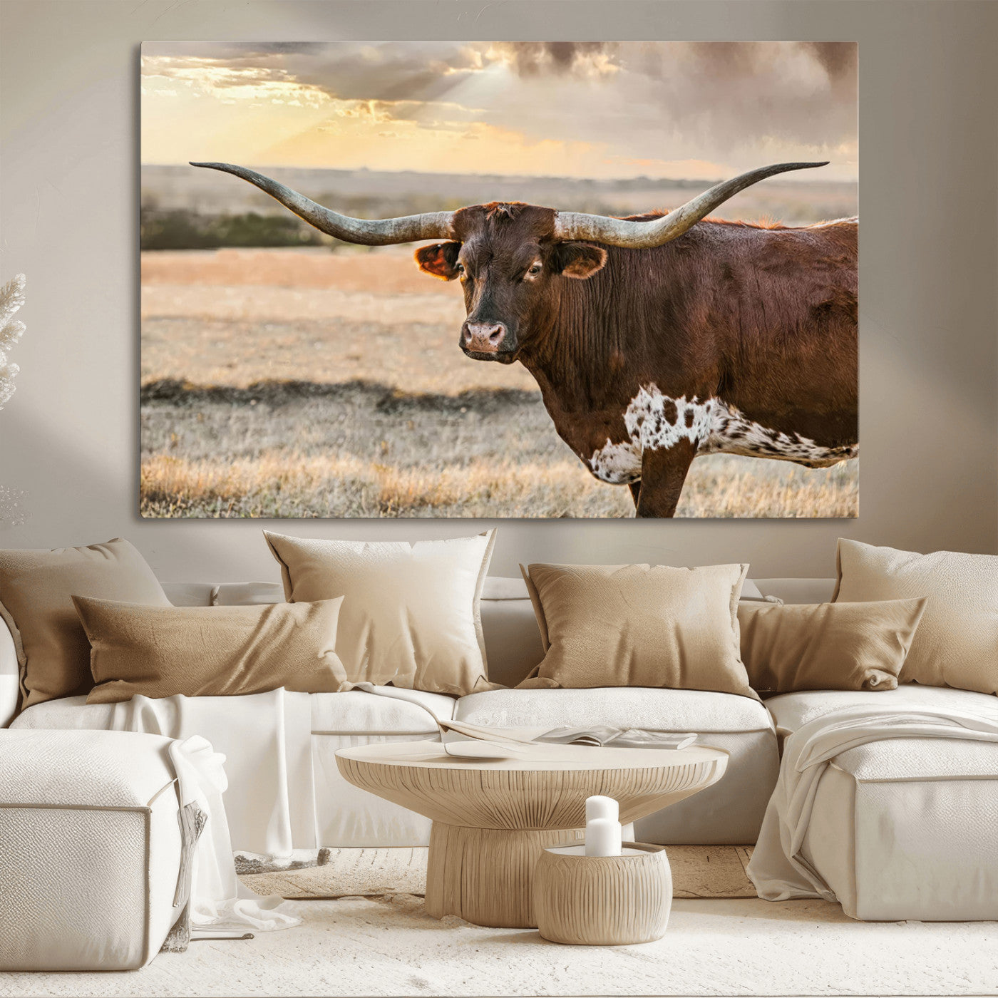 MGV-CV-36X24 - Texas Longhorn Wall Art Canvas Print, Rustic Ranch Decor, Majestic Western Longhorn Cattle