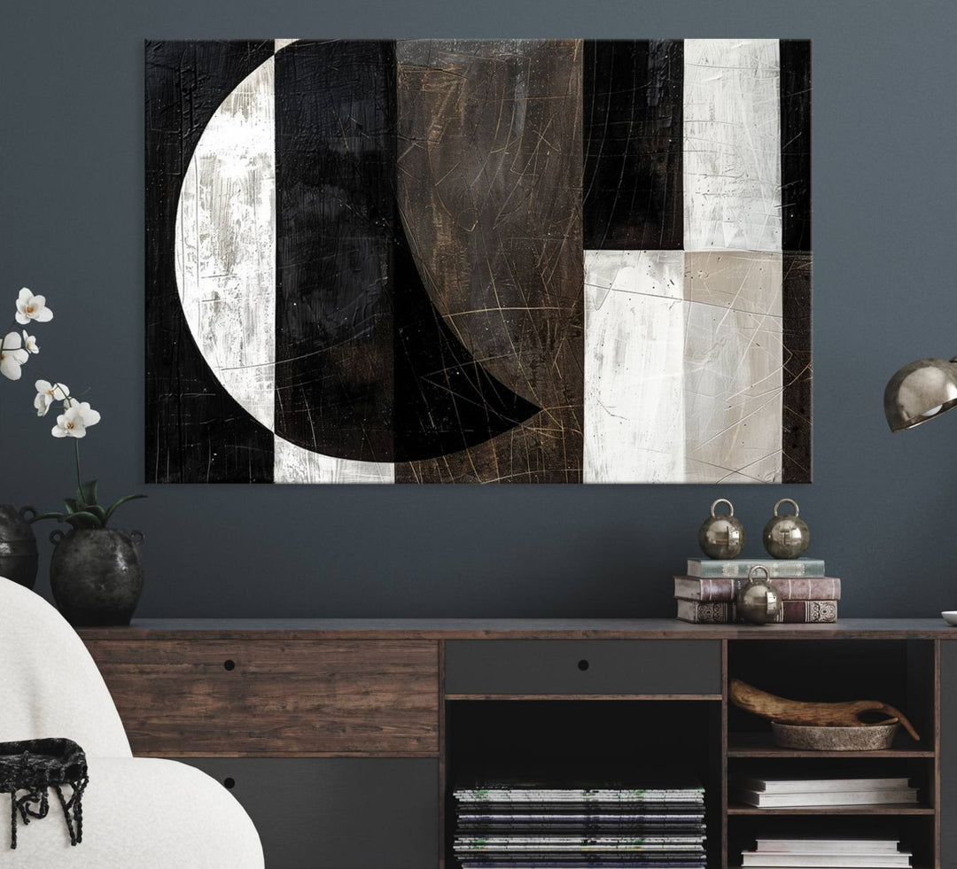 Wabi Sabi Wall Art Canvas Set features black, white, and brown geometric shapes.