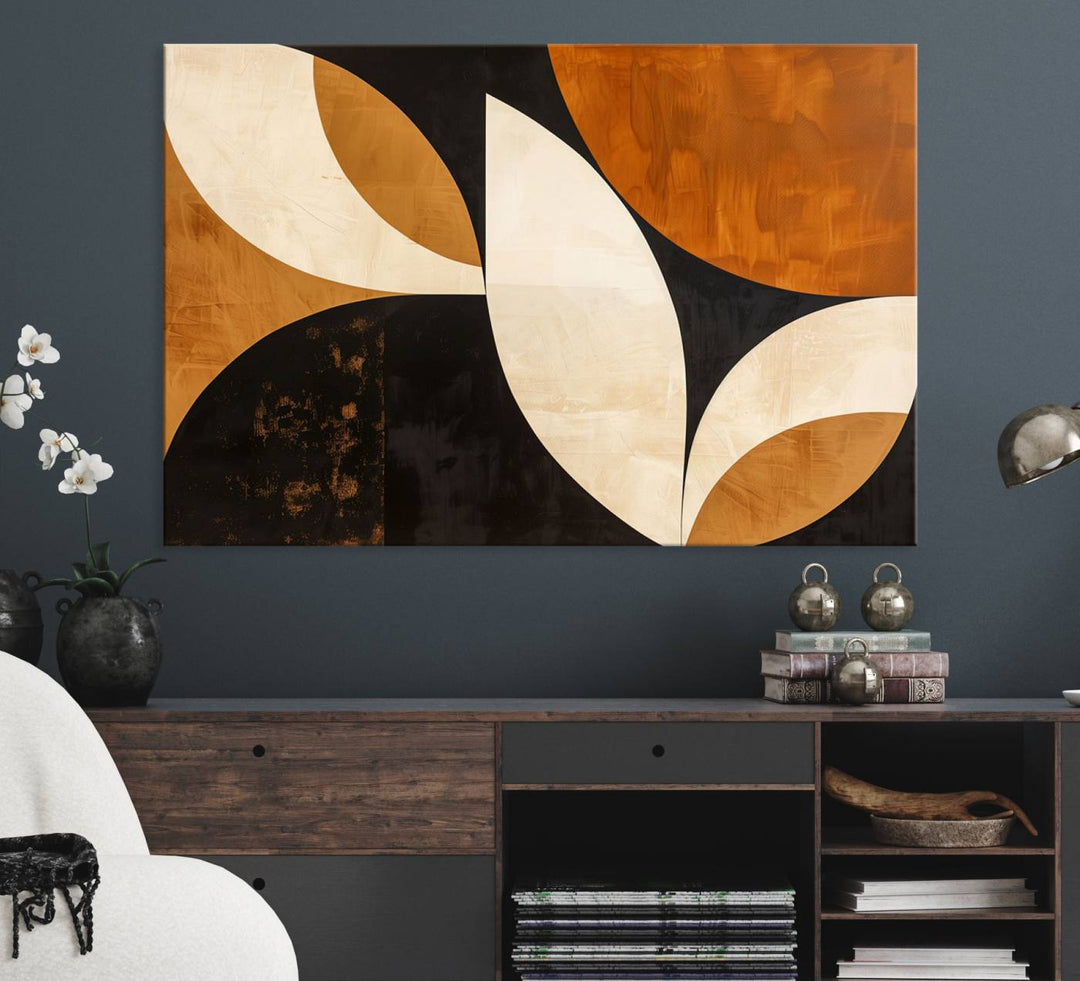 Geometric abstract wall art print featuring leaf shapes in brown, beige, and black.