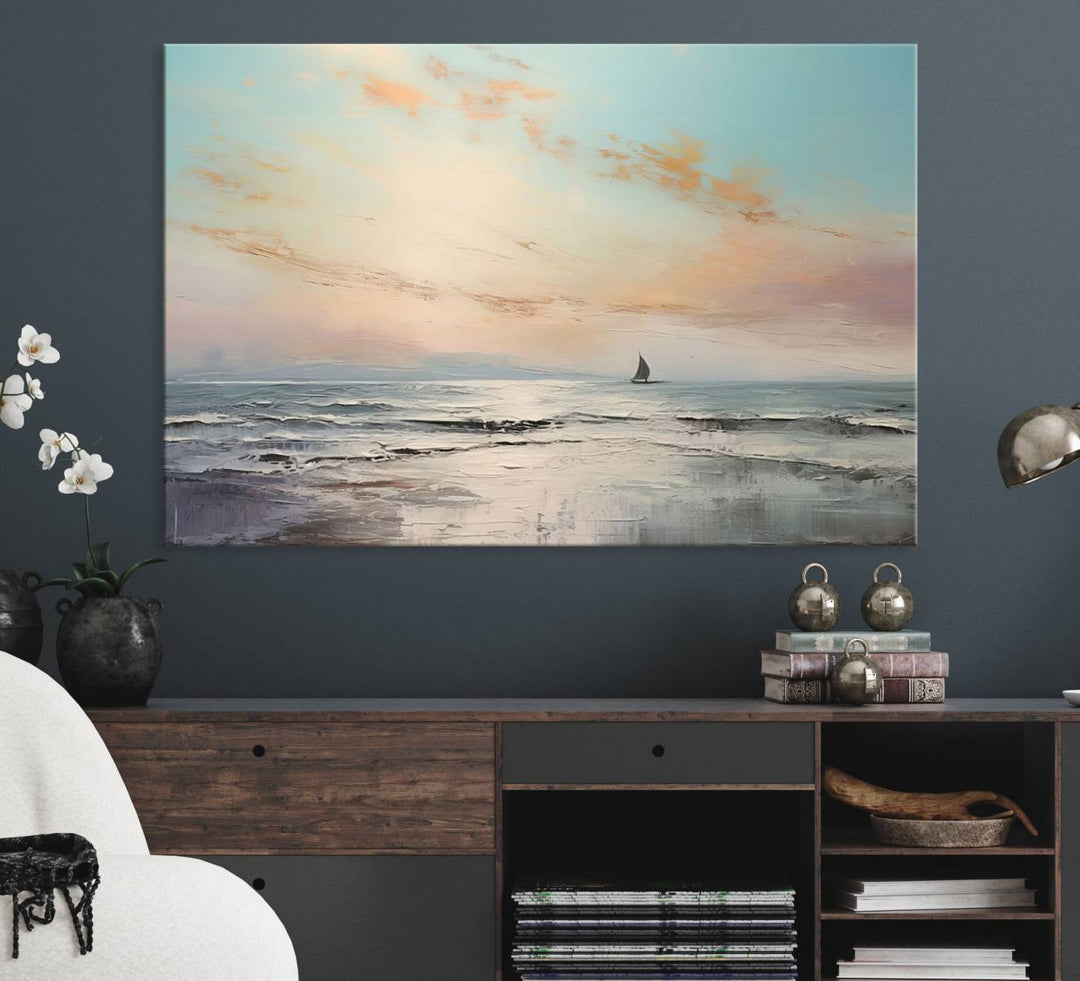 An Abstract Ocean Wall Art - Boat Canvas Print hangs prominently.